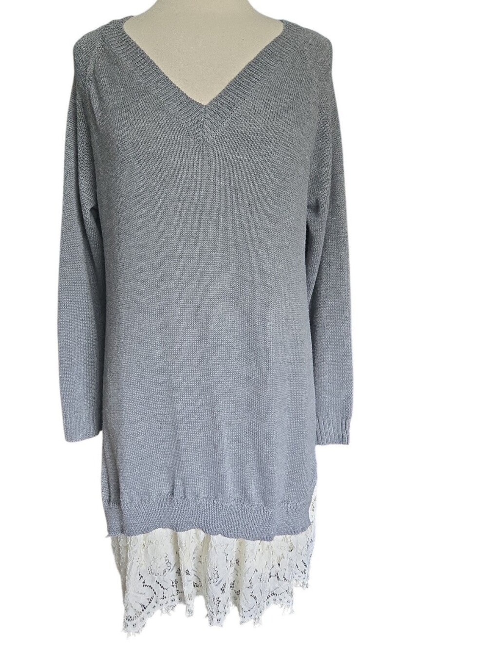 RACHEAL Gray V-Neck Lace Hem Sweater Dress Tunic 2x/3x